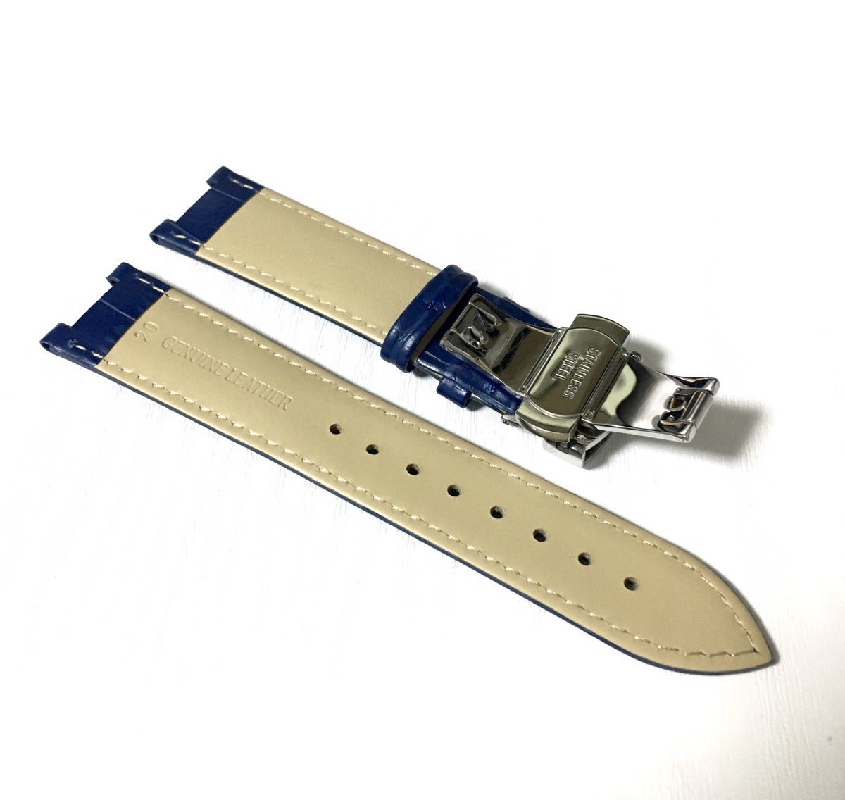 20mm 腕時計 凹型 革 レザーベルト ブルー 青 Dバックル 防水【対応