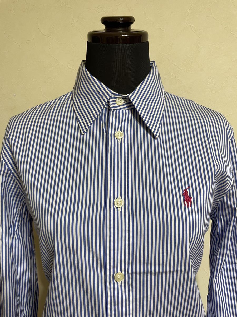 【美品】 Polo Ralph Lauren ポロ ラルフローレン レディース カスタムフィット シャツ トップス サイズ4 長袖 160/88A 青白 ストライプ柄_画像3