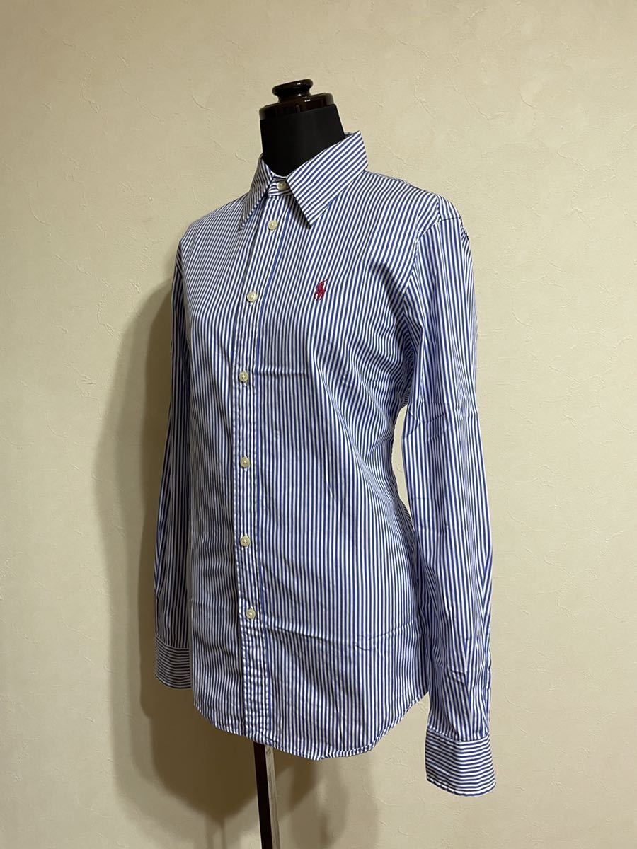 【美品】 Polo Ralph Lauren ポロ ラルフローレン レディース カスタムフィット シャツ トップス サイズ4 長袖 160/88A 青白 ストライプ柄_画像6