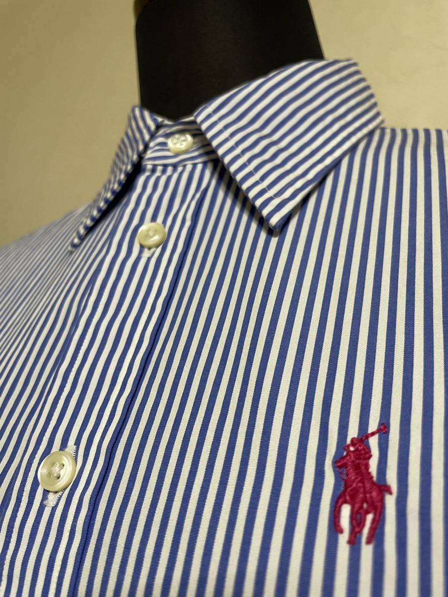 【美品】 Polo Ralph Lauren ポロ ラルフローレン レディース カスタムフィット シャツ トップス サイズ4 長袖 160/88A 青白 ストライプ柄_画像10