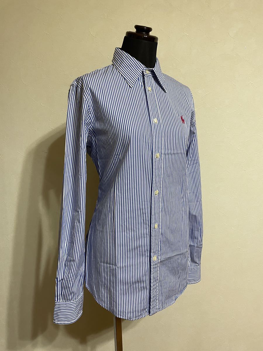 【美品】 Polo Ralph Lauren ポロ ラルフローレン レディース カスタムフィット シャツ トップス サイズ4 長袖 160/88A 青白 ストライプ柄_画像8