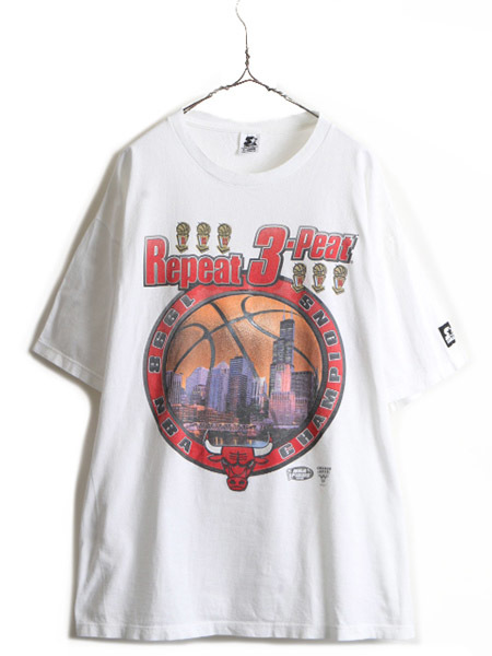 人気の春夏 90s 白 バスケ キャラクター 90年代 古着 メンズ Tシャツ 半袖 プリント ブルズ シカゴ オフィシャル NBA  STARTER  XL 大きいサイズ 文字、ロゴ