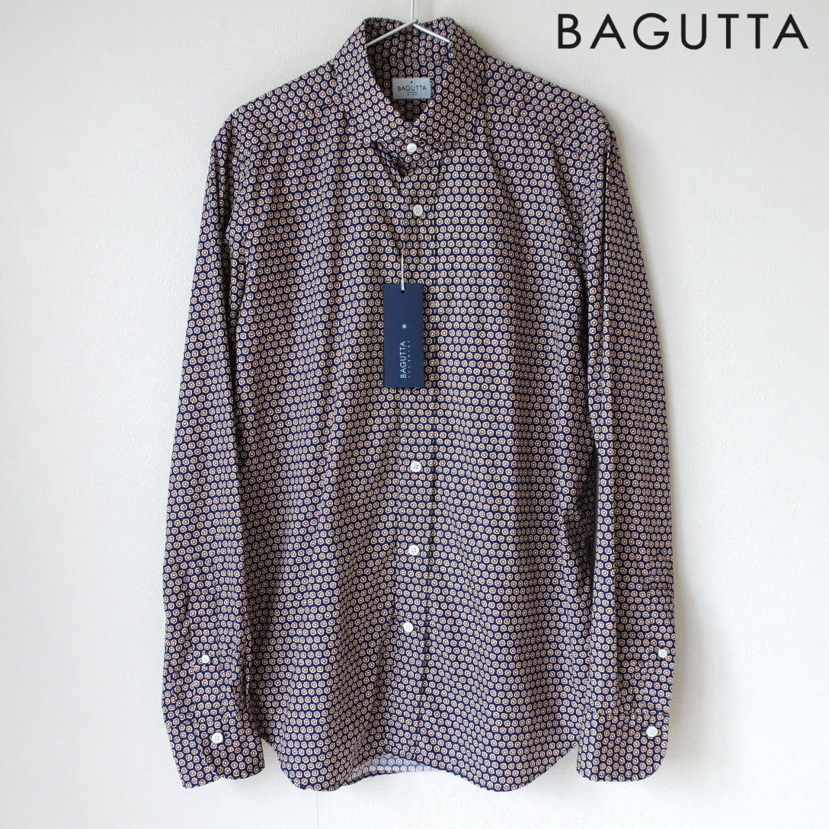新品 BAGUTTA バグッタ 高級 メンズ ドレスシャツ 総柄 ネイビー ブラウン 長袖 ボタン シャツ ワイドカラー 39 Mサイズ Lサイズ
