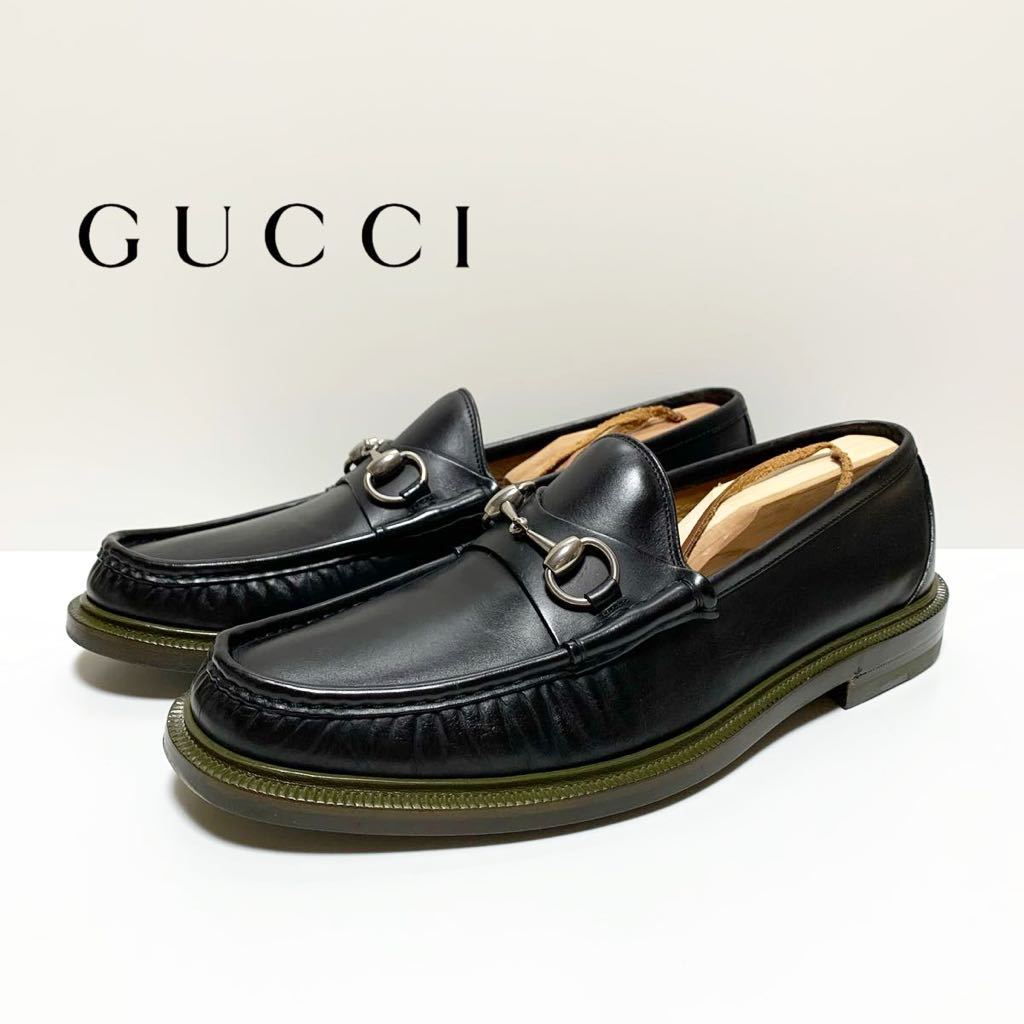 美品 グッチ GUCCI ホースビット レザー ローファー シューズ 黒 カーキ size 6.5 イタリア製 ビジネスシューズ 革靴 モカシン  メンズファッション シューズ