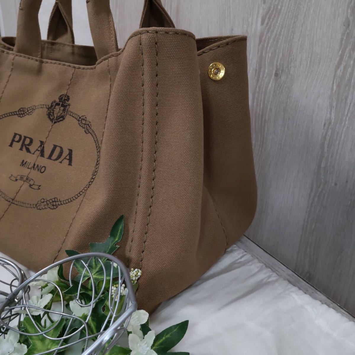 1円【ほぼ未使用！！】PRADA プラダ 本物 ショルダーバッグ トートバッグ ハンド カナパ キャンバス ブラウン 三角プレート 1スタ 金具_画像3