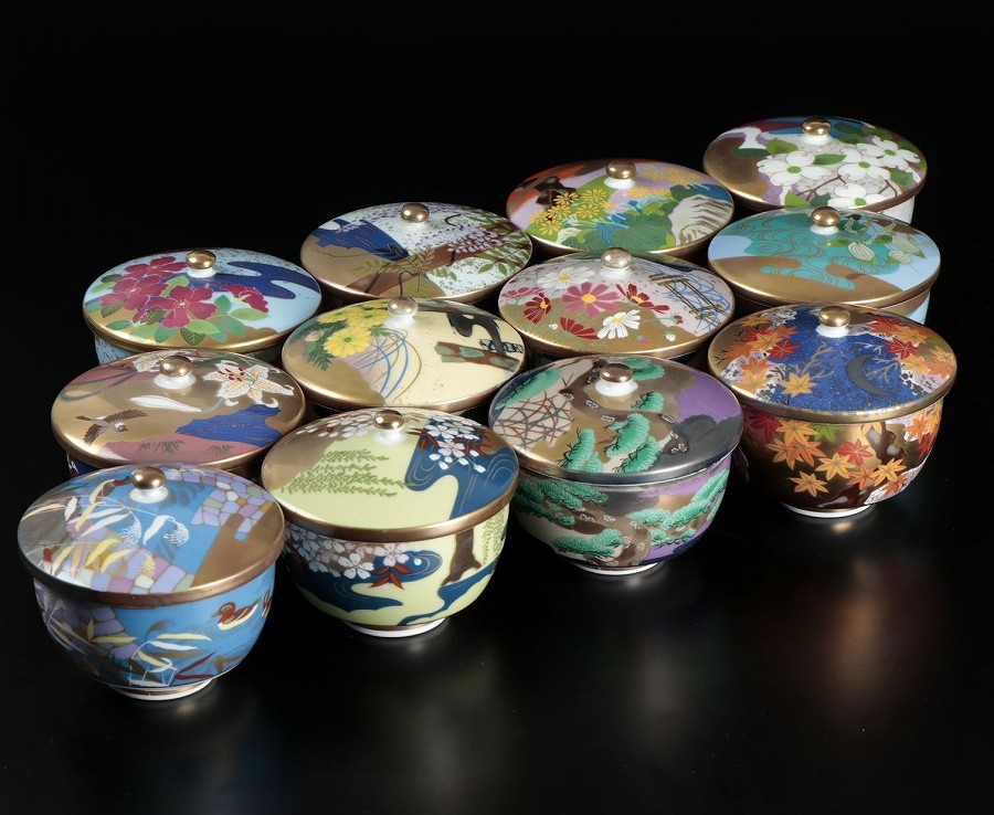 □高級煎茶茶碗コレクション 羽紫正和 宮中の花の歳時記 蓋付湯呑 12客