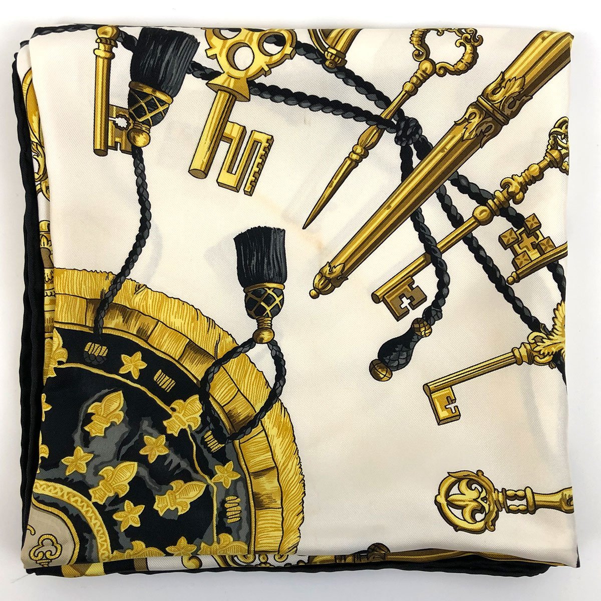 HERMES エルメス カレ 90 / LES CLES 鍵 スカーフ ベージュ×ブラック