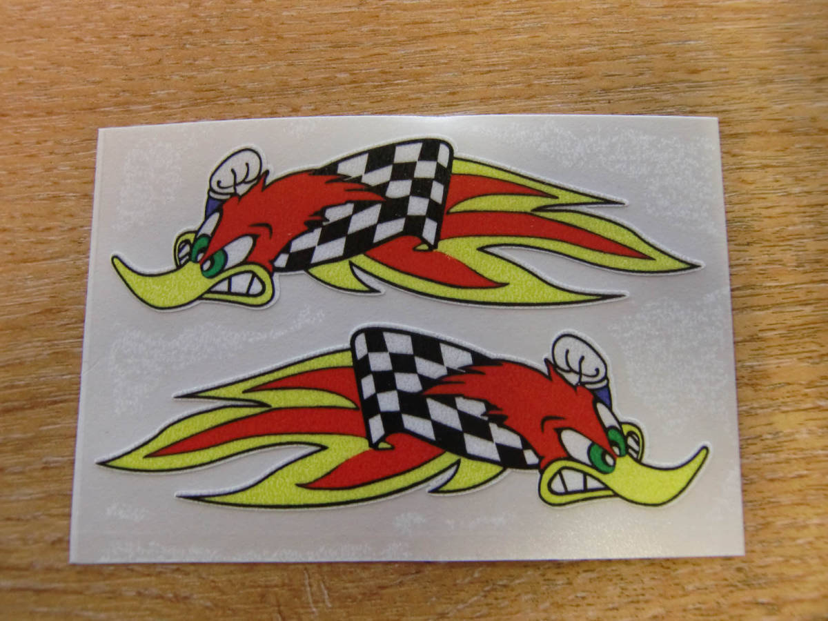 送料無料 woody woodpecker flames stickers ウッディー ウッドペッカー ヘルメット ステッカー シール デカール 90mm 2枚セット_画像1