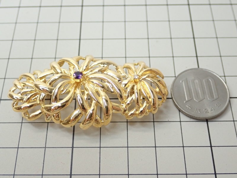 L025 和風 ブローチ フラワー ゴールドカラーデザイン ダイヤ飾り SILVER シルバー IEI Japanese crafts broochの画像9