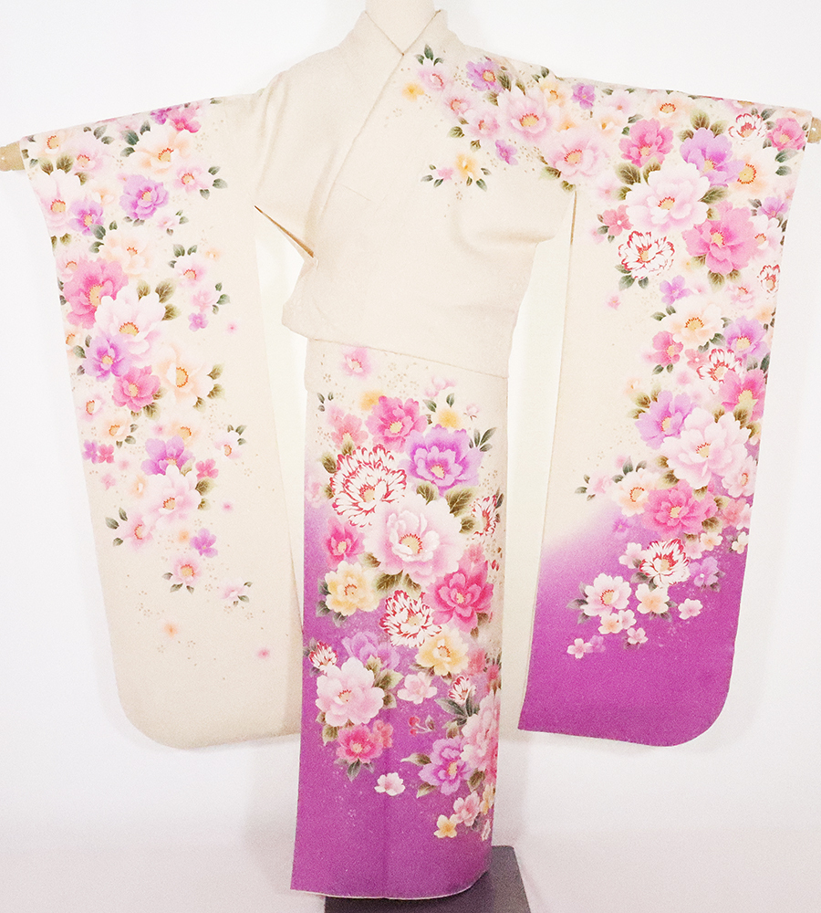 振袖 正絹 クリーム 紫 牡丹 桜 ki25910 美品 着物 LLサイズトールサイズ レディース 成人式 オールシーズン 送料無料 激安