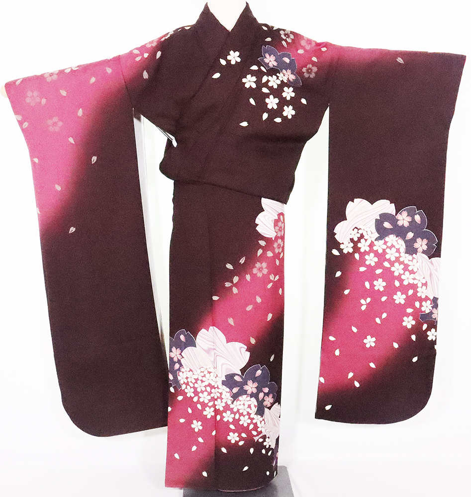 本振袖 友禅 袷 正絹 赤紫 桜 ki25921 美品 着物 Lサイズ レディース 成人式 オールシーズン 送料無料 激安
