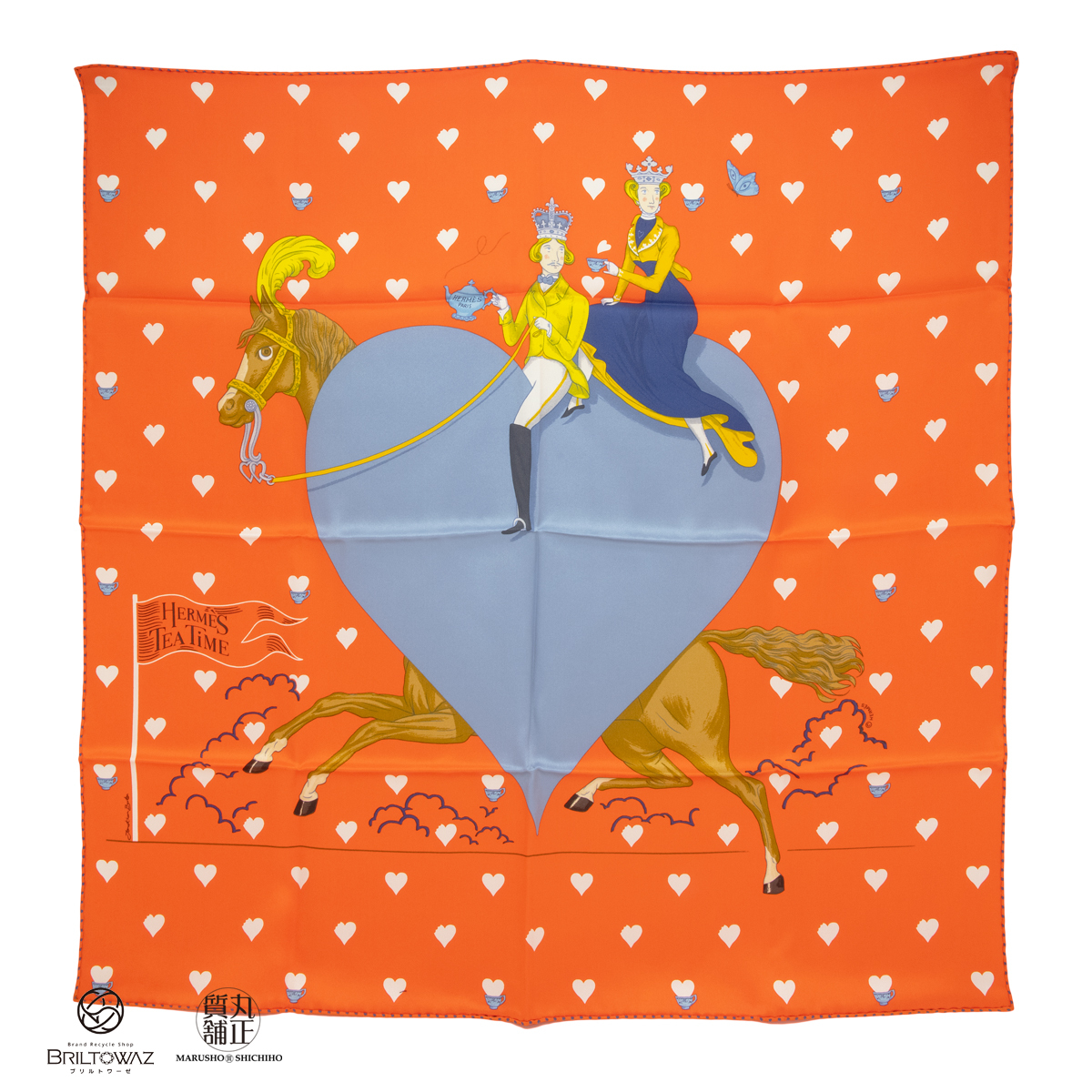 エルメス カレ70 2021秋冬 TEA TIME ティータイム スカーフ オレンジ/ブルー シルク 正方形 レディース ハート HERMES(M210728e)