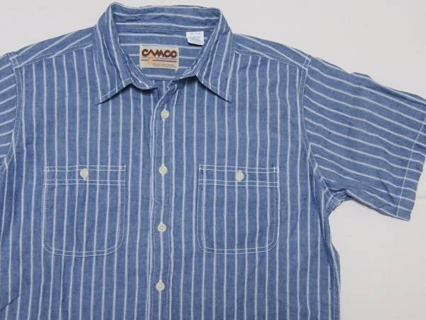 正規新品【CAMCO】カムコ レイルロードストライプ(ブルー)シャンブレーワークシャツ半袖[S]価格\8.100-☆60's ビンテージタイプ_画像1
