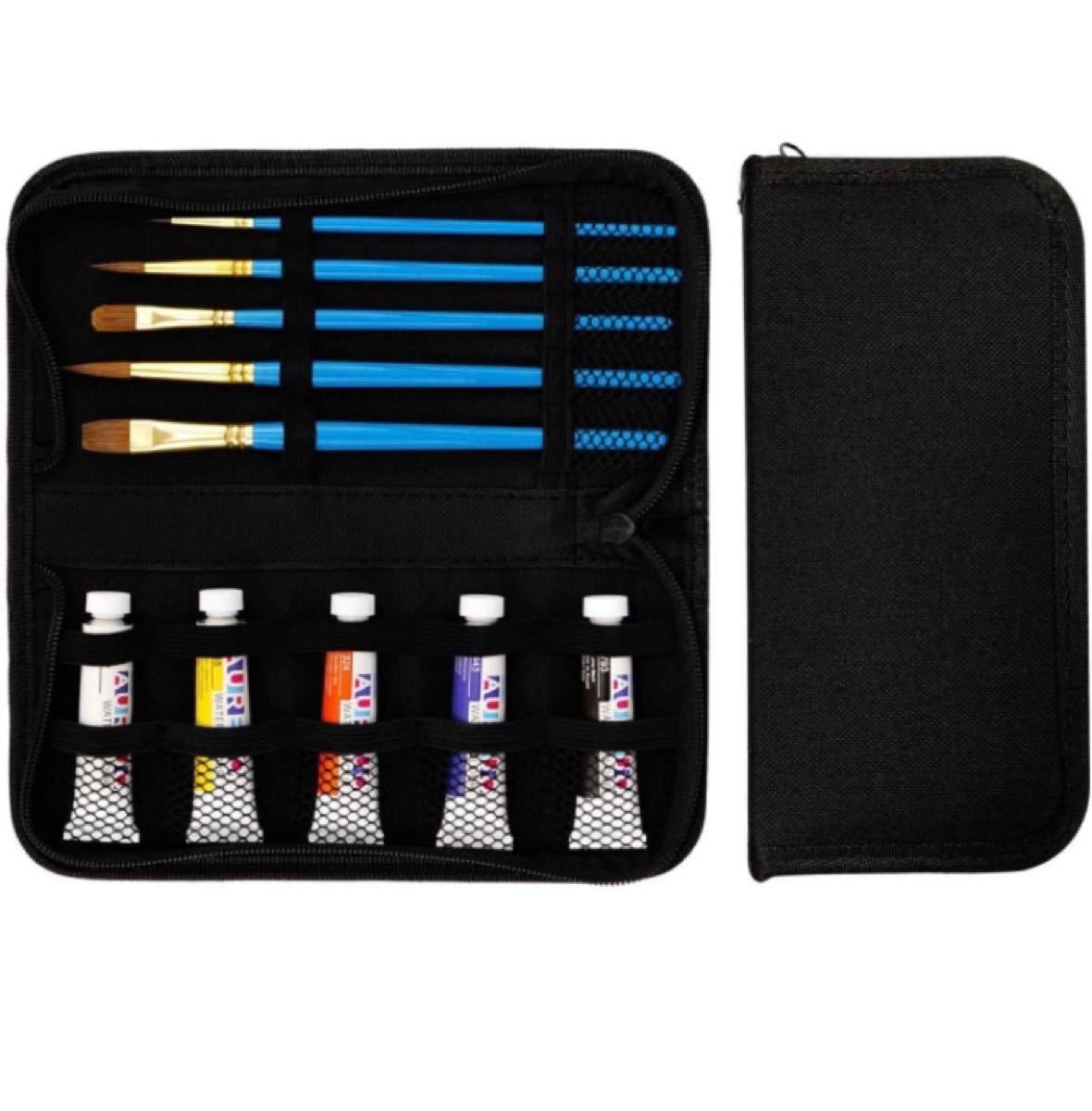 水彩絵の具セット トラベルパック 5つの顔料 5つのブラシ ジッパー付き携帯バッグ 収納ケース付 絵の具 絵筆