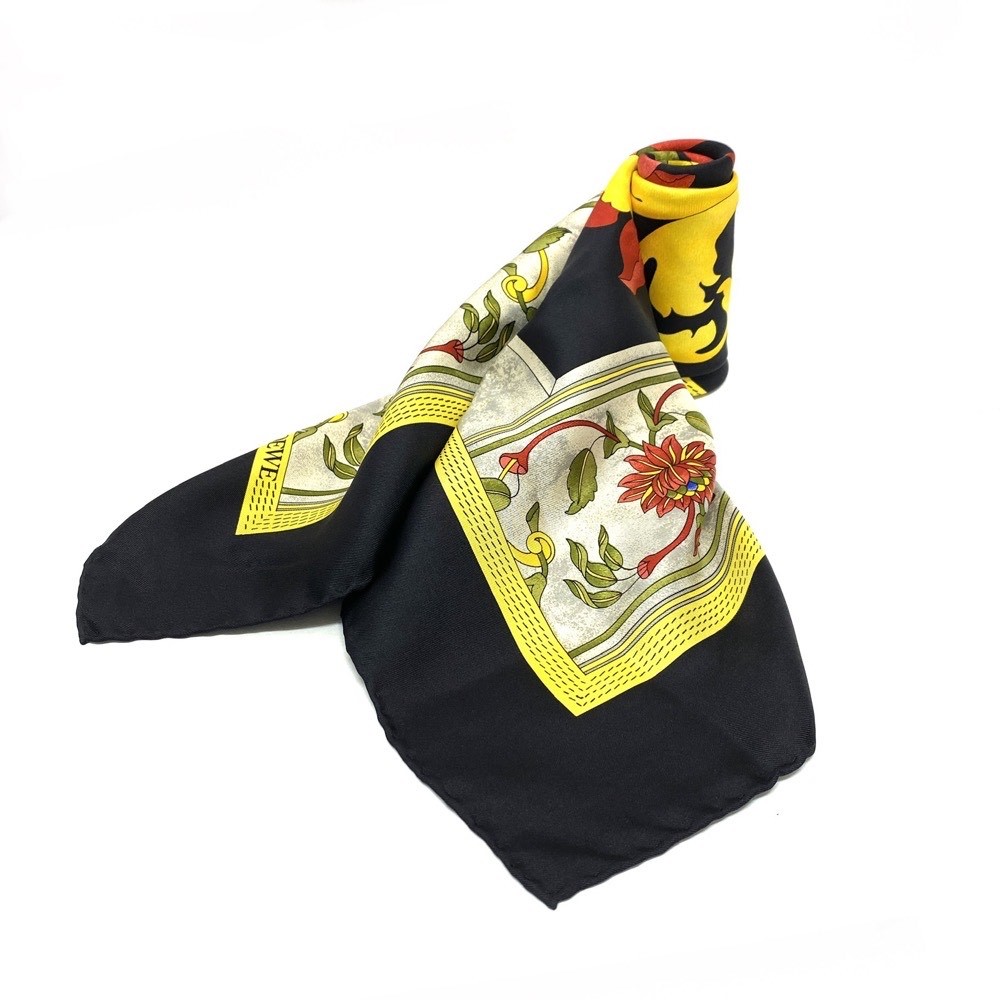 良好◇LOEWE ロエベ ヴィンテージ 花瓶×花柄 シルク100%スカーフ