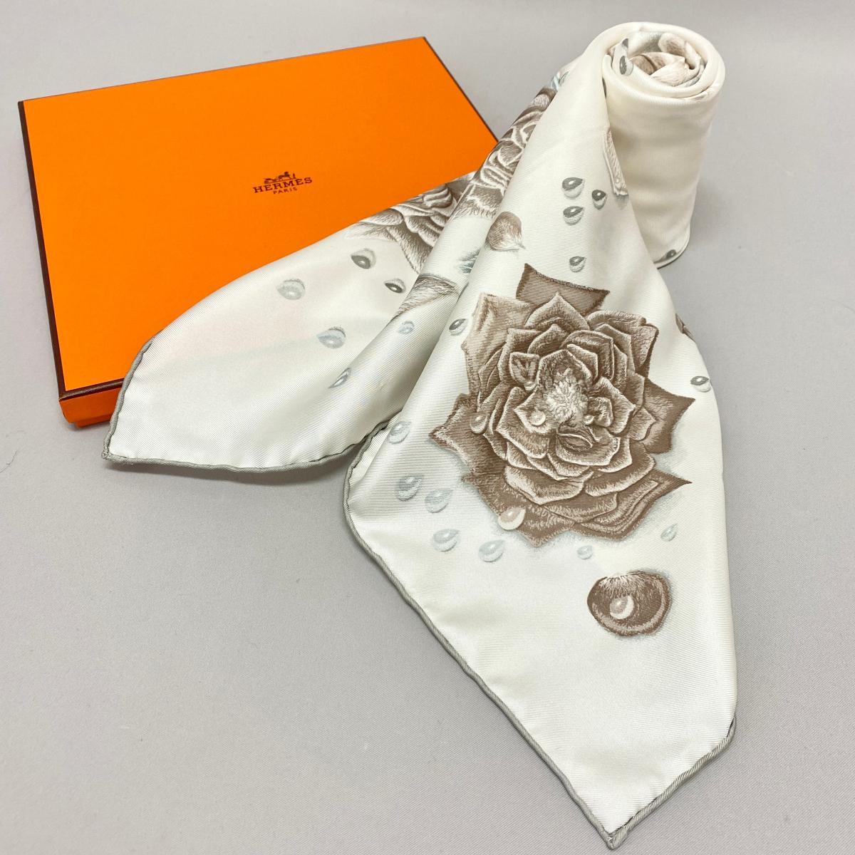 美品◇HERMES エルメス カレ90 薔薇のしずく スカーフ◇white/白