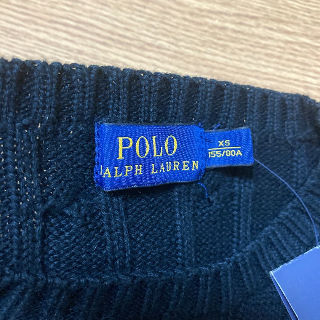 POLO ラルフ ローレン ケーブル ニット コットン ポニー セーター 定番 RALPH LAUREN 丸首 XS シンプル 万能 オールシーズン パープル_画像4