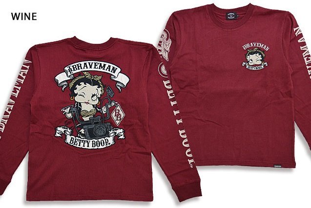 BR×BETTYコラボ 天竺ロングTシャツ◆The BRAVE-MAN ワインXLサイズ BBB-2230 ザブレイブマン ベティーちゃん 刺繍 バイカー 長袖Tシャツ