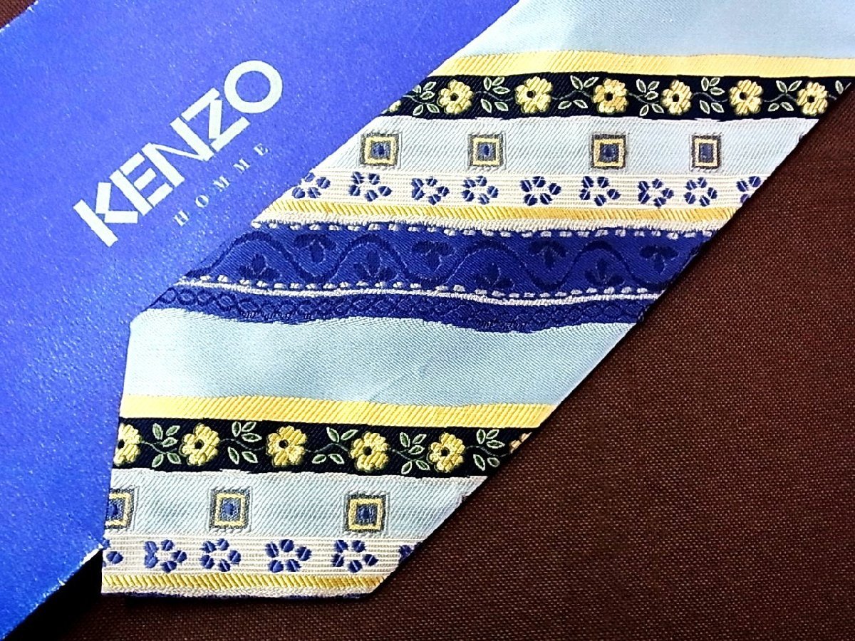 ♪26984C♪良品【刺繍 花 四角 ストライプ 柄】ケンゾー【KENZO】ネクタイ_画像1