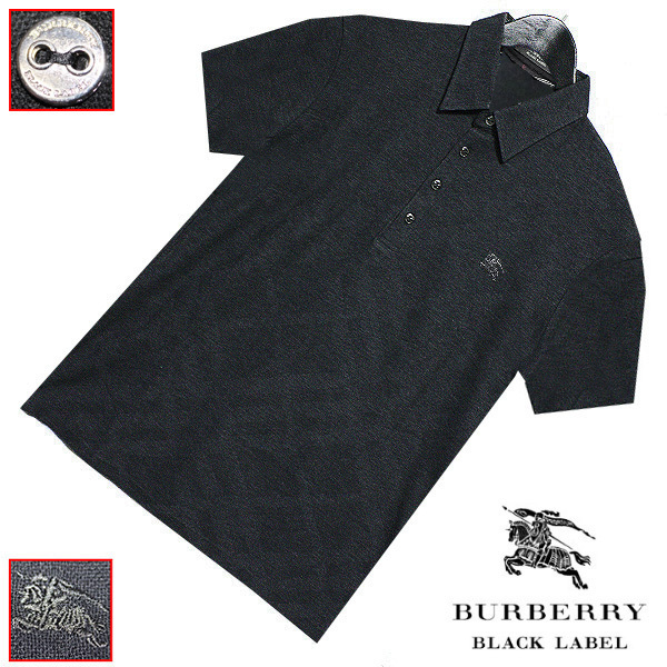 良品 2 M シャドーチェック織り＆銀ボタン＆ホース刺繍 バーバリーブラックレーベル 鹿の子 半袖ポロシャツ 黒 BURBERRY BLACK