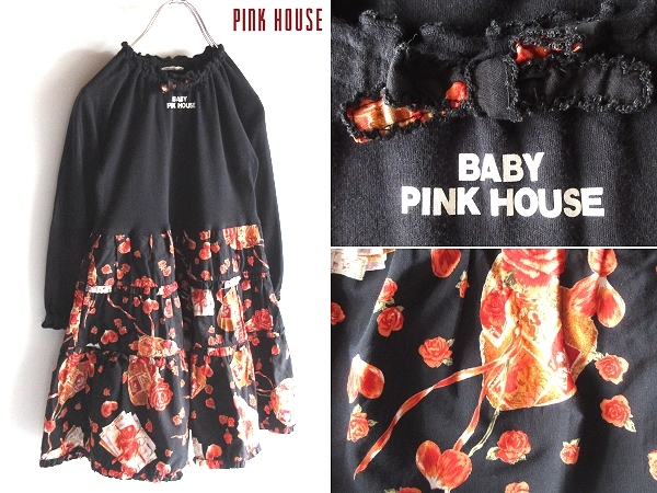 BABY PINK HOUSE ピンクハウス ロゴプリント コットンジャージー バラ柄/ローズ柄 段々 スカート ピコフリル ワンピース L 120cm ブラック_画像1
