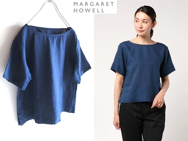 ネコポス対応 MARGARET HOWELL マーガレットハウエル 2019SS CLEAN LINEN ボートネック プルオーバー リネンシャツ 1 ネイビー 紺 ゆったり