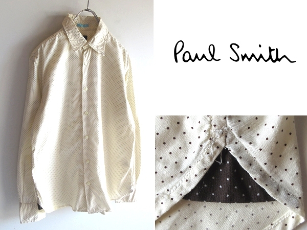 ネコポス対応 PS Paul Smith ポールスミス マチ生地切替 ドット柄 コットン ドレスシャツ L ベージュ ジョイックスコーポレーション正規品