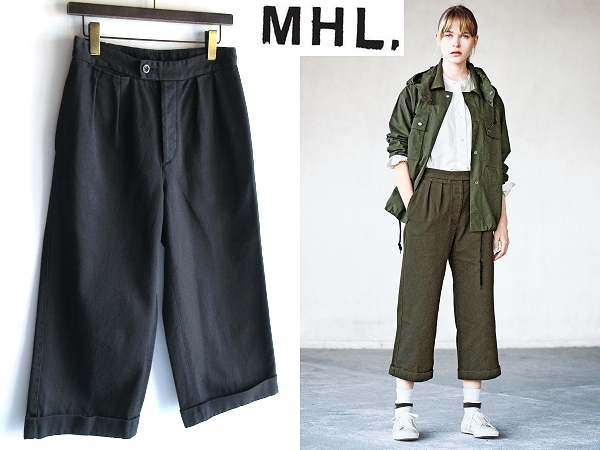 美品 LOOK掲載 MHL. マーガレットハウエル 2018SS RAISED COTTON DRILL ハイウエスト クロップド ワイドパンツ 1 ブラック 定価27500円