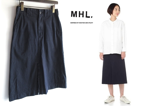 MHL. マーガレットハウエル 2018AW YARN DYE COTTON TWILL ボックスプリーツ コットンツイル スカート 1 ネイビー 紺 日本製 定価28600円