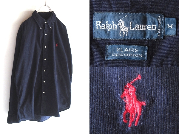 希少 90sビンテージ RALPH LAUREN ラルフローレン BLAIRE ポロポニーロゴ刺繍 コーデュロイ BDシャツ M 紺 USA企画 RN41381 ボタンダウン_画像1