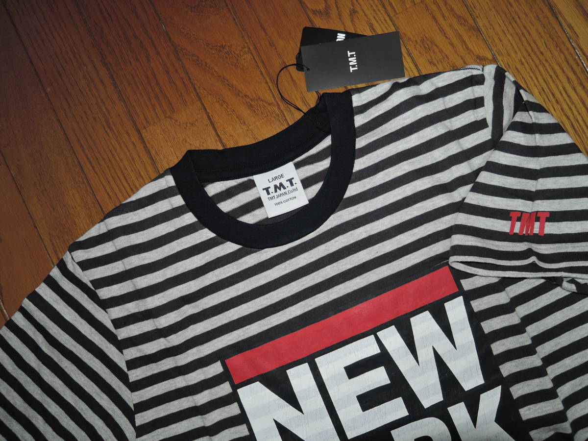 新品 TMT ボーダー Tシャツ L 灰 NEW YORK ロゴ LOGO カットソー ティーエムティー_画像4