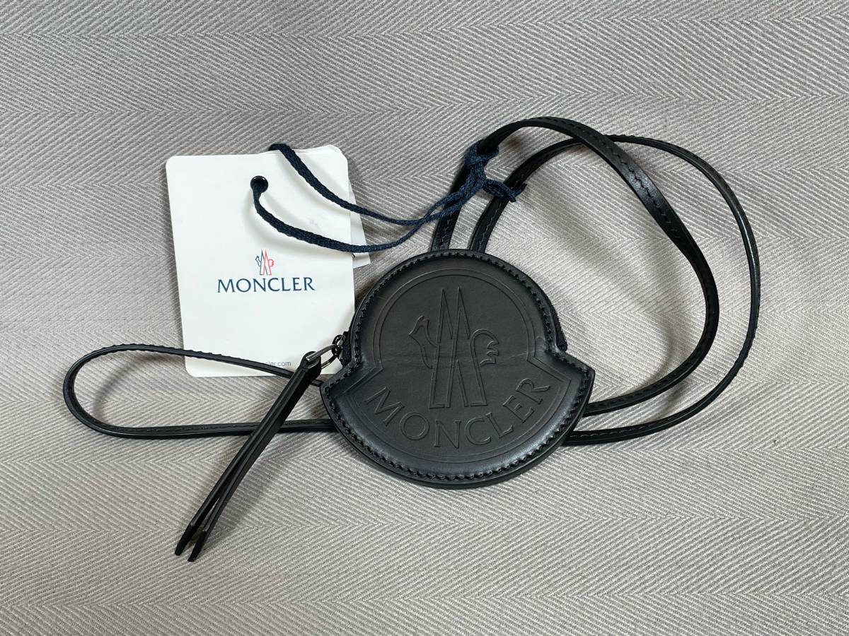 新品 本物 モンクレール MONCLER ストラップ付き レザー コインケース ロゴ 小銭入れ 黒 ブラック 財布 ネックレス ポーチ ミニ バッグ Aの画像1