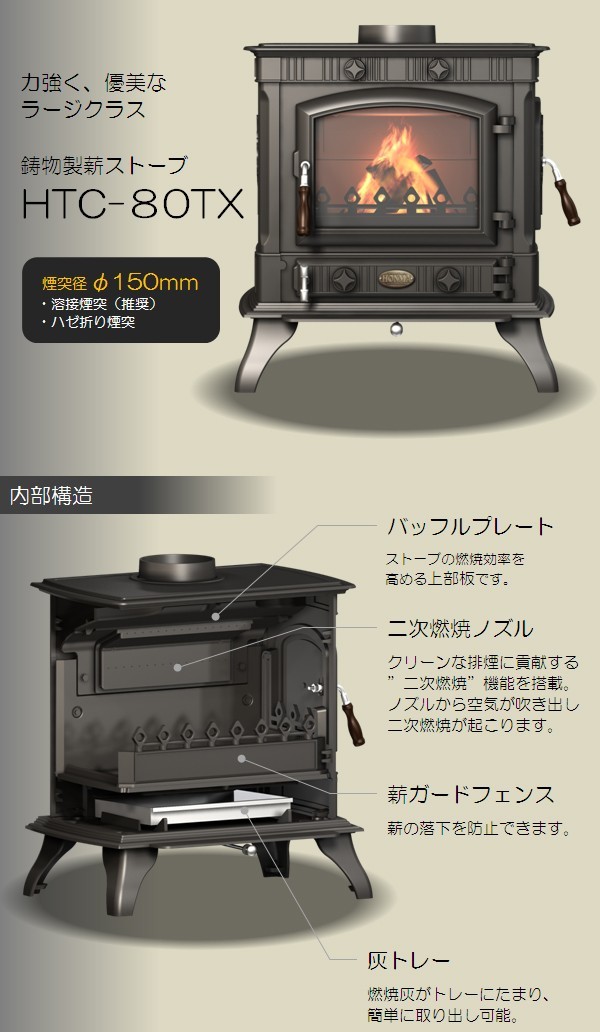 【中越運輸営業所止め（個人宅配不可、沖縄・離島不可）】ホンマ製作所　鋳物薪ストーブ 　HTC-80TX_画像2