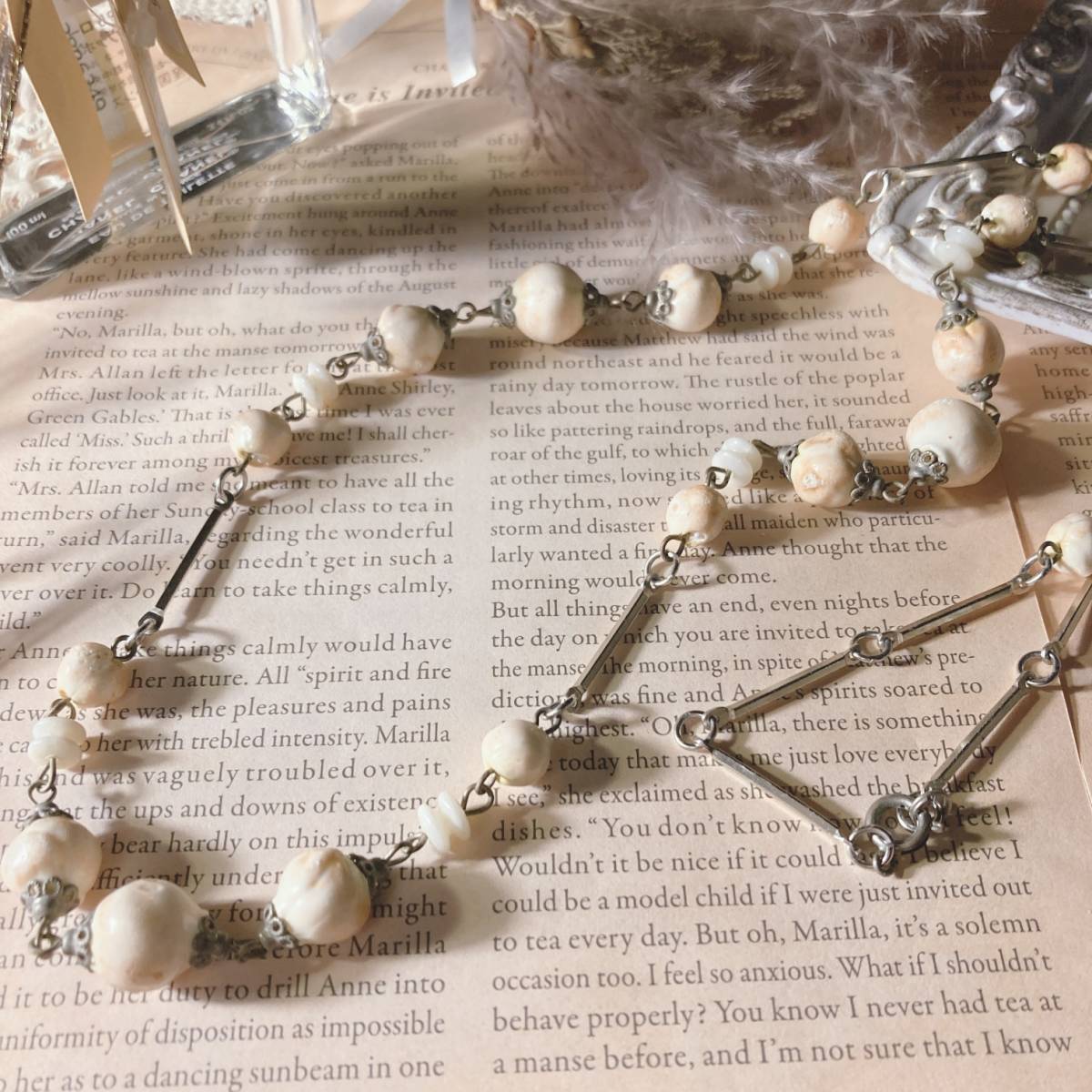 ボーンビーズ　ロングネックレス　ナチュラル　シルバー　silver necklace Vintagejewelry japan accessories 0085_画像1