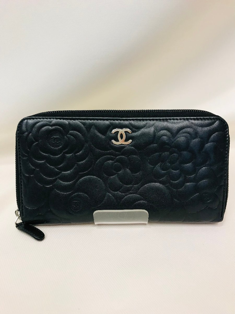 qob.YK704 CHANEL シャネル　カメリア　ラウンドファスナー長財布　ブラック_画像1