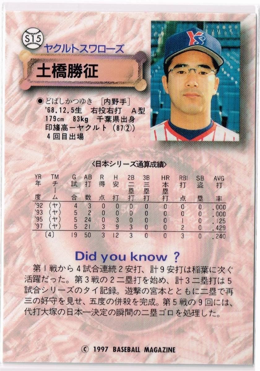 1997 BBM ベースボールカード 日本シリーズ #S15 ヤクルトスワローズ 土橋勝征_裏面