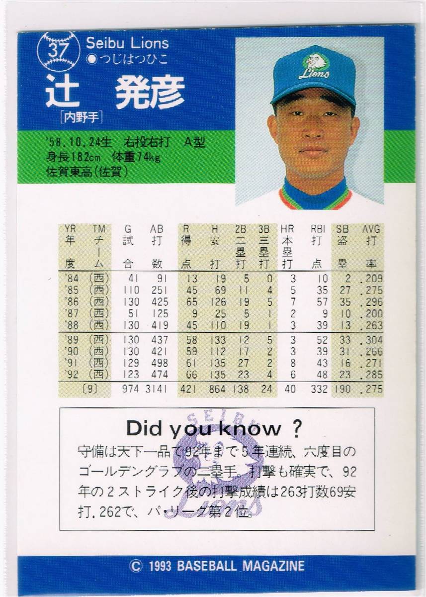 1993 BBM ベースボールカード #37 西武ライオンズ 辻発彦の画像2