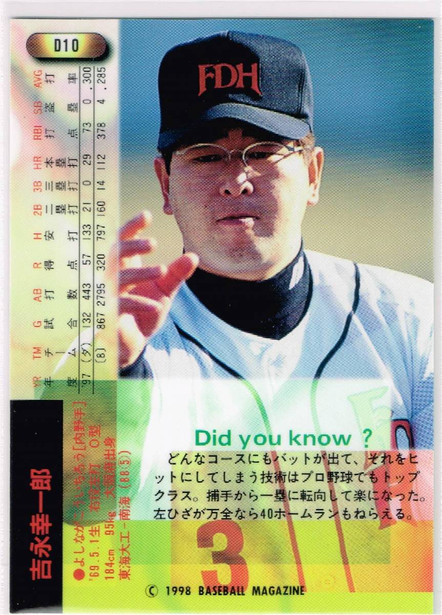 1998 BBM ベースボールカード ドリームチーム #D10 福岡ダイエーホークス 吉永幸一郎_裏面