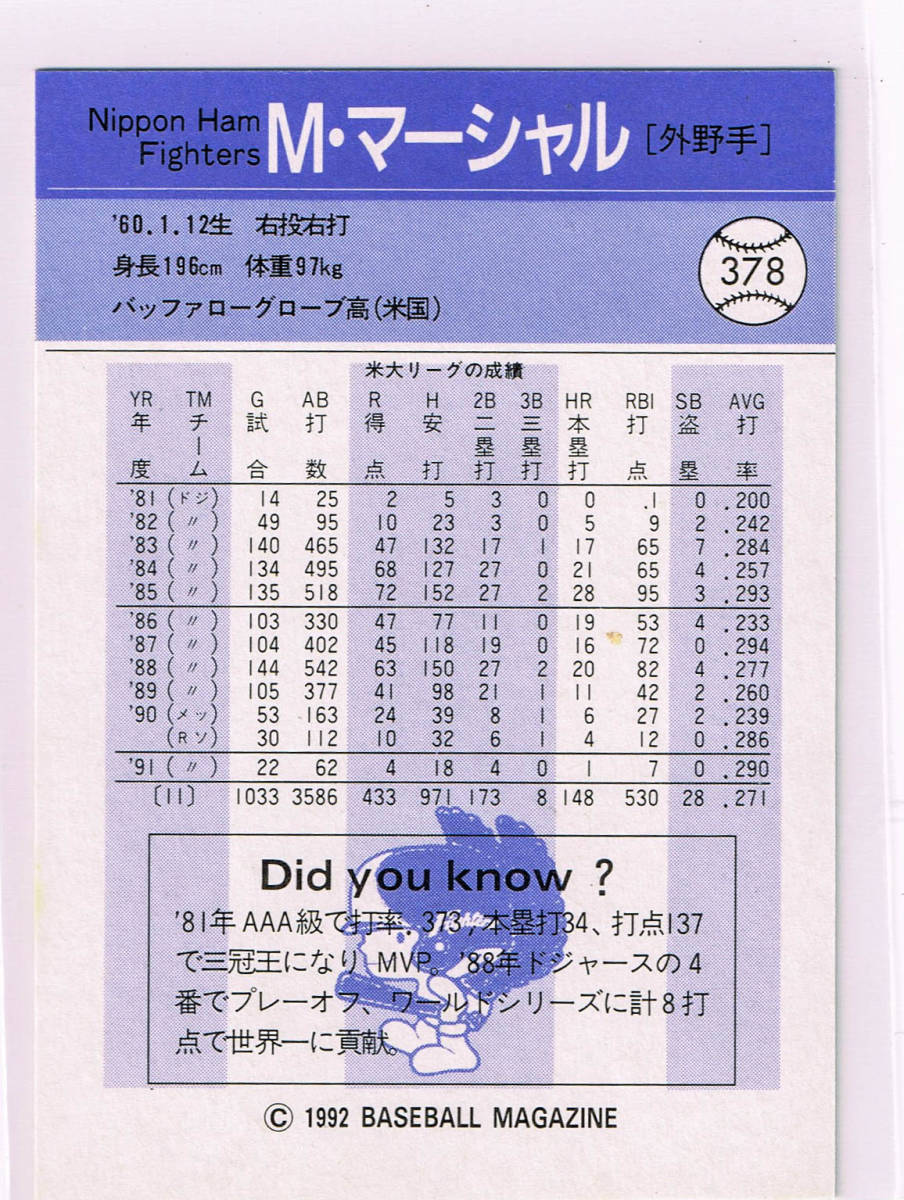 1992 BBM ベースボールカード #378 日本ハムファイターズ マイク・マーシャル Mike Marshall_裏面