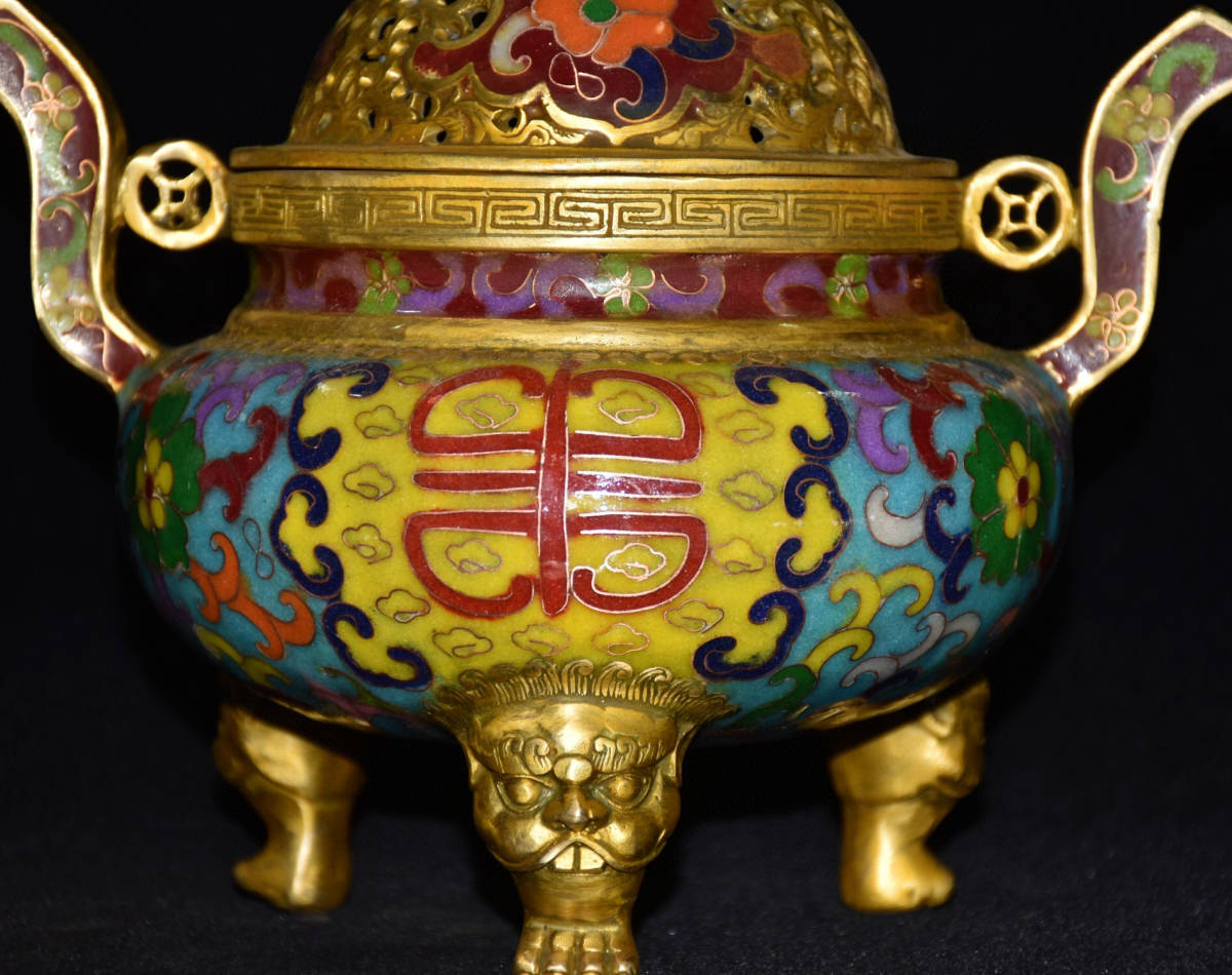 【蔵友館蔵品・銅製・金鍍・景泰藍・琺瑯彩・雙耳・透空作・三獣足熏香炉】・ 希少珍品・置物・賞物・中国時代美術081988_画像5
