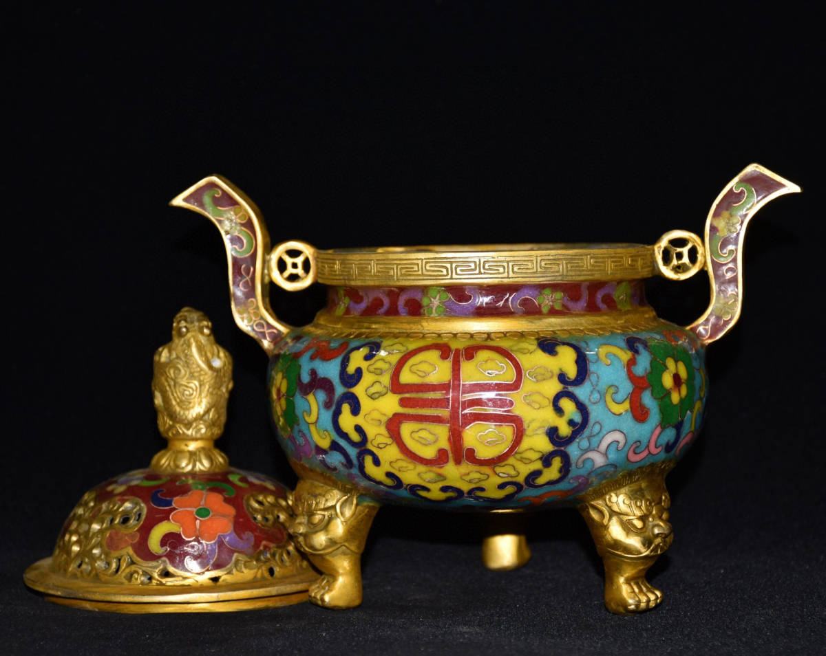 【蔵友館蔵品・銅製・金鍍・景泰藍・琺瑯彩・雙耳・透空作・三獣足熏香炉】・ 希少珍品・置物・賞物・中国時代美術081988_画像6