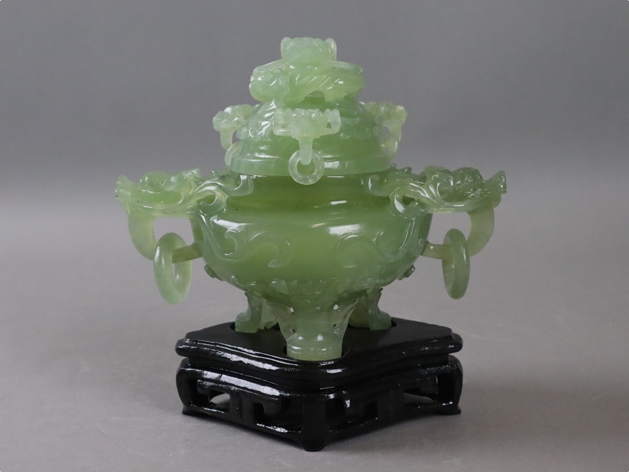 中国古玩 翡翠玉石 彫刻 遊環付 香炉 置物 天然石 鑑賞石 飾り物 置物 