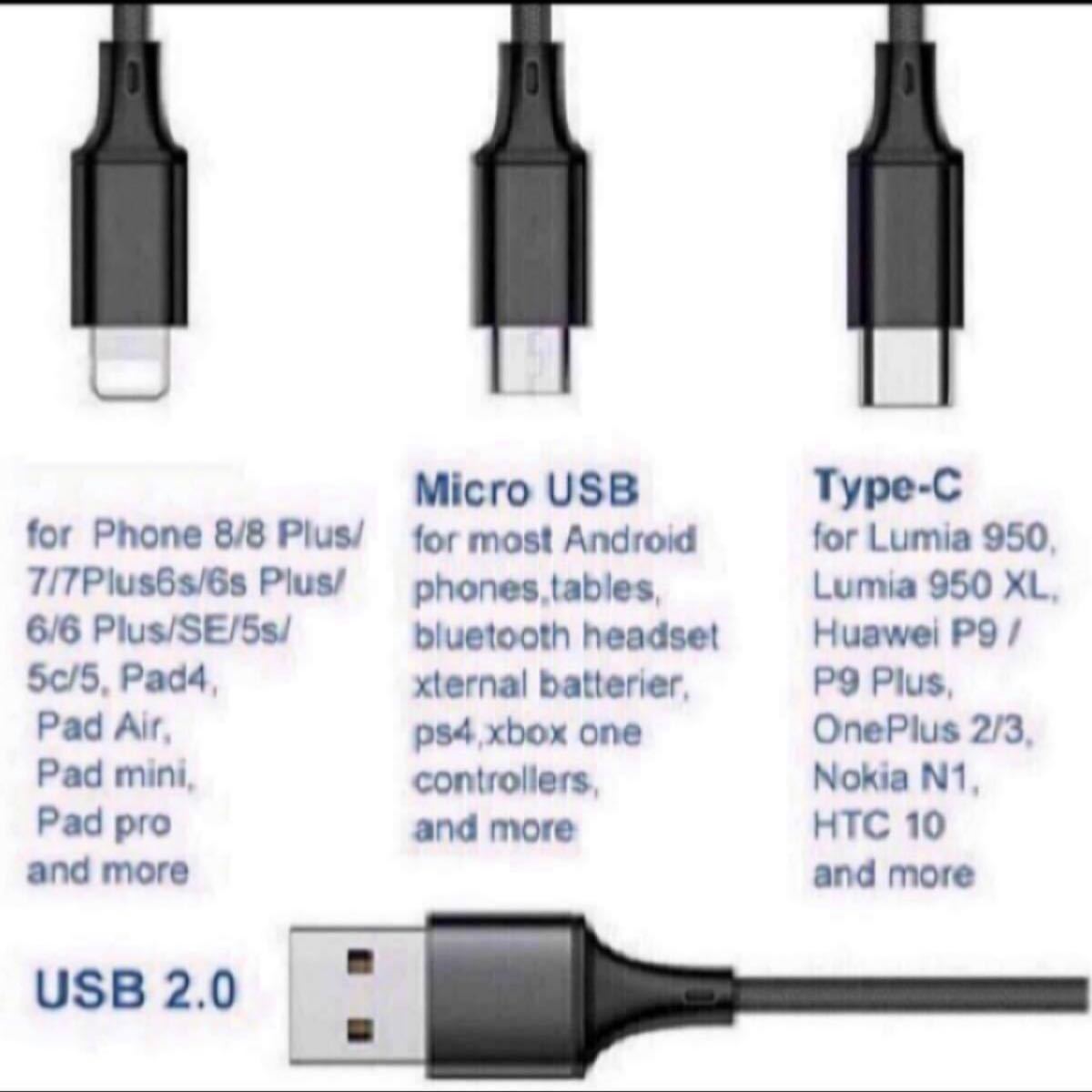 充電ケーブル usb cケーブル タイプＣケーブル 携帯ケーブル 3in1ケーブル ライトニングケーブル