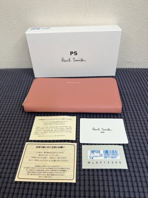 未使用 Paul Smith/ポールスミス スワールトリムラウンジジップ/長財布 牛革 ピンク系 箱付き_画像1