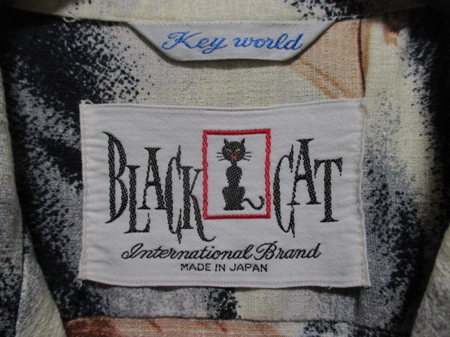 ヴィンテージ オールド BLACK CAT アロハシャツ 日本製 KEY WORLD ブラックキャット 総柄 パームツリー ヨット ハワイアン サーフ _画像3