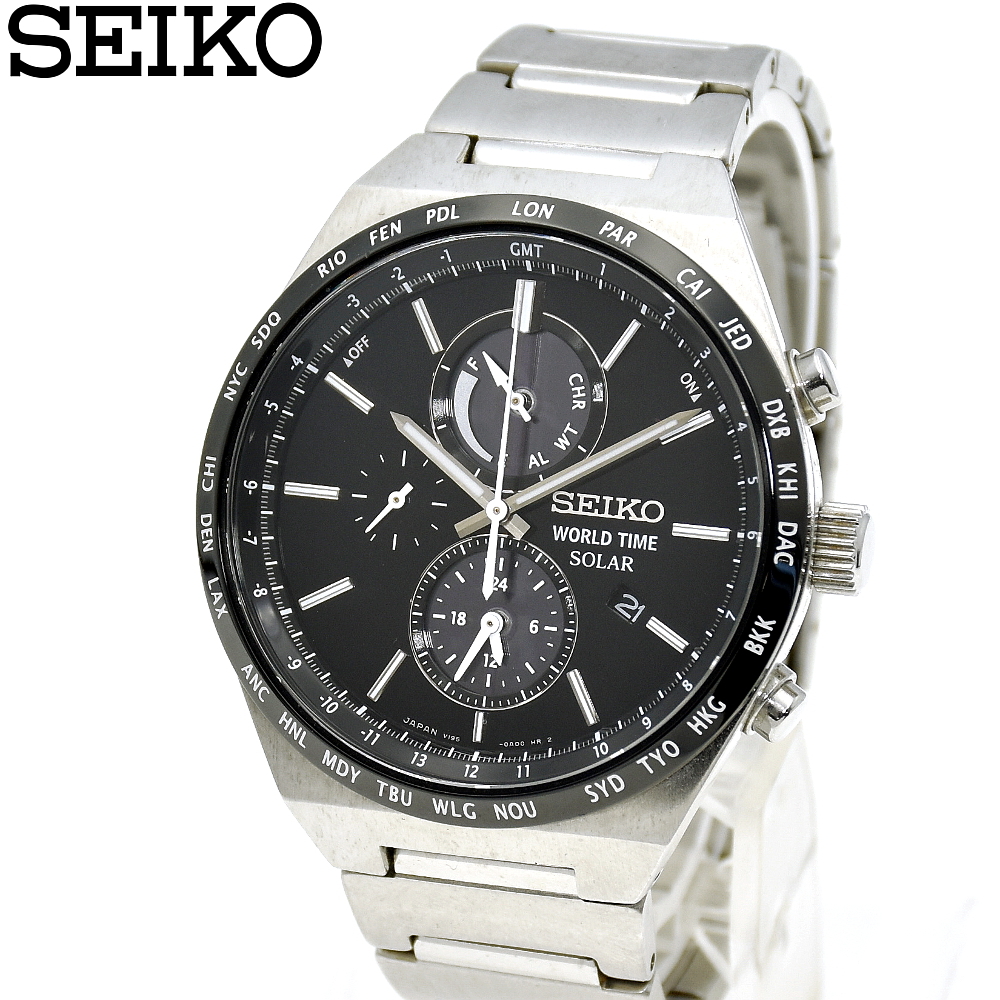美品 SEIKO セイコー ワールドタイム V195-0AE0 ソーラー メンズ腕時計