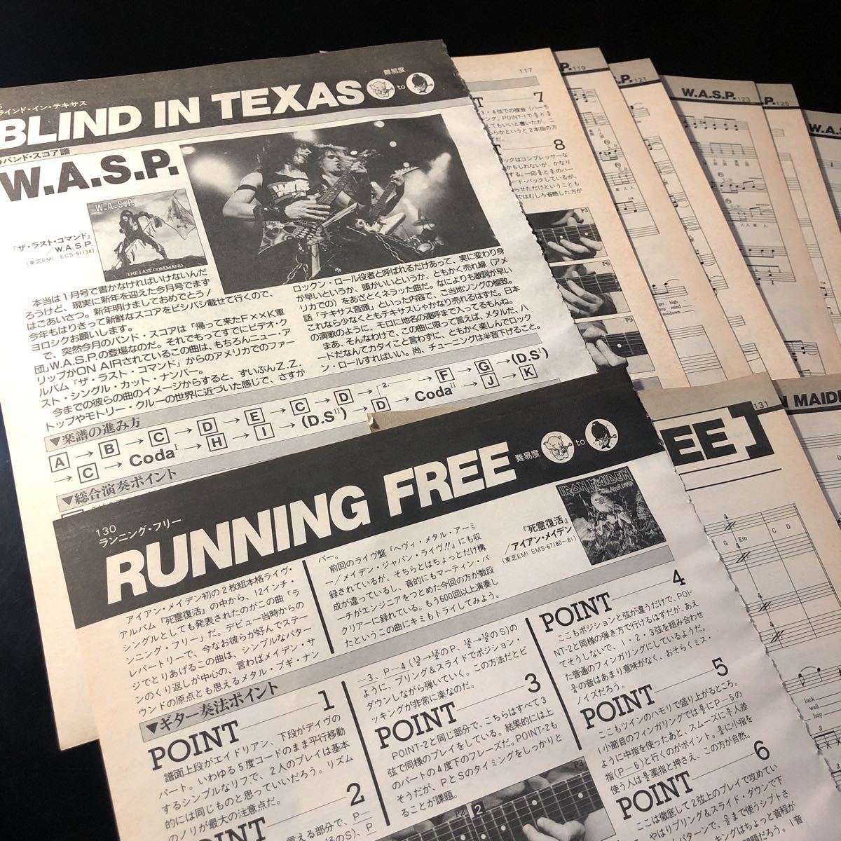 0515-1 W.A.S.P. バンドスコア Blind In Texas / ワスプ / ブラインド・イン・テキサス / アイアン・メイデン ギター譜 Running Freeの画像1