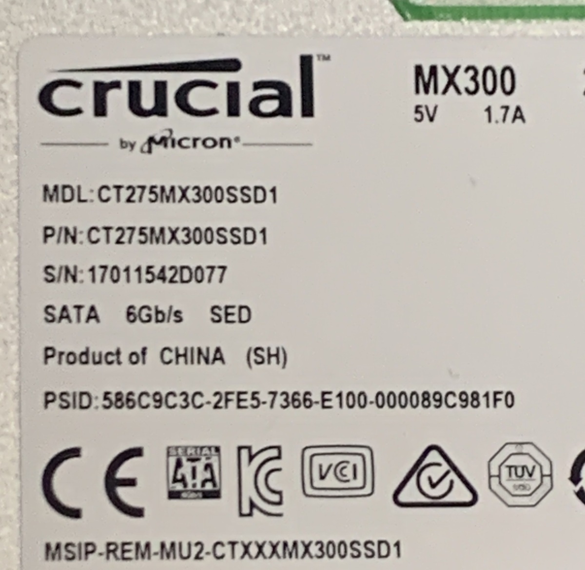 【中古】Crucial SSD 275GB CT275MX300SSD1 MX300シリーズ / 2.5インチ SATA / 使用約3405時間_画像3