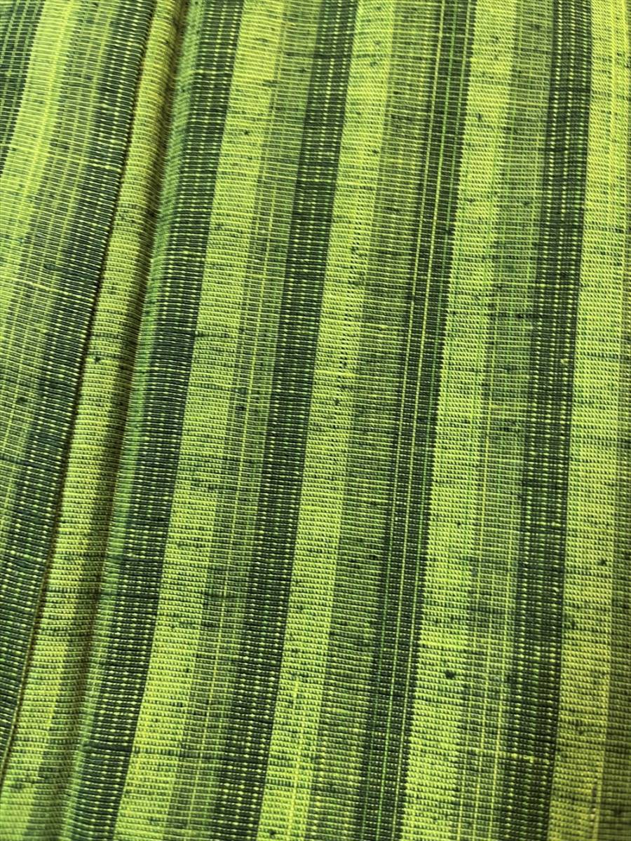 花とら●リサイクル着物　紬　縞　緑　超美品　リメイク　素材　カジュアル　普段着　　　220816