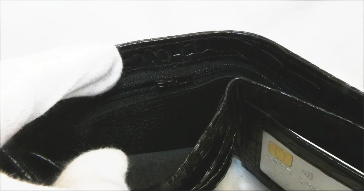 爆安 810 クロコ 腹皮 無双 二つ折り財布 ネイビー 小銭 桐箱
